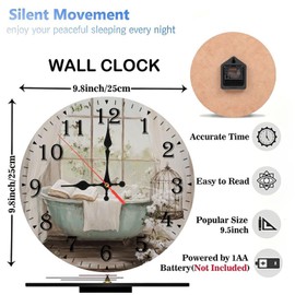 Lancholy 10-Inch Silent Wooden Wall Clock, Vintage Clock Bathtub Flowers Birdcage ” Silent Non-Ticking Clock, Battery Operated (AA Batteries Not Included), Artistic Home Decor