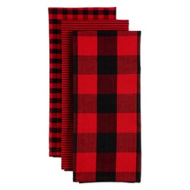 DII 100% Cotton Gingham Check Kitchen Collection, Red/Black, Dishtowel Set, 3 Piece