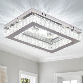 Finktonglan LED Crystal Ceiling Light Modern Rectangular Ceiling Lamp K9 Stainless Steel Flush Mount Ceiling Lights Fixture Chandelier for Dining Room Living Room Bedroom (Cool White)