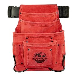 Graintex SS2513 :: 10 Pocket Nail & Tool Pouch Red Color Suede Leather with 2” Webbing Belt for Constructors, Electricians, Plumbers, Handymen