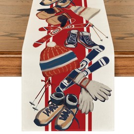 Artoid Mode Red Sleigh Snowboarding Christmas Table Runner, Seasonal Winter Holiday Kitchen Dining Table Decoration for Indoor Outdoor Home Party Decor 13 x 36 Inch