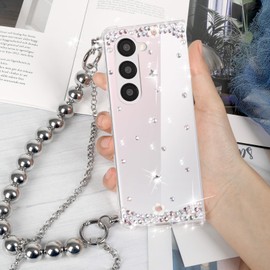 Omio Compatible with Samsung Galaxy Z Fold 8 Ultra 5G Case with Crossbody Chain Strap Bracelet Cute 3D Handmade Sparkle Crystal Diamond Bling Glitter Hard PC Phone Case for Women Girls Clear