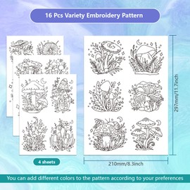 GLOBLELAND 4 Sheets 16Pcs Fantasy Mushroom Water Soluble Hand Sewing Stabilizers for Fabric Embroidery Stitch Practice Eembroidery Patterns Transfers for Embroidery Beginners Lovers
