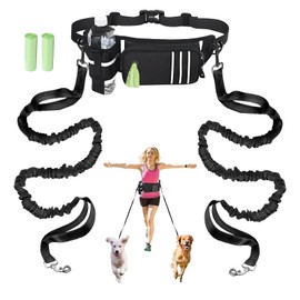 Hands Free Dog Leash for Medium Dogs - Adjustable Running Waist Belt with Poop Bag Dispenser & Pouch and Water Bottleholder, Reflective Bungee Leash Dual Handles for Large Small Dogs