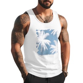 Mens Tank Tops Graphic Running Tank Top Men Muscle Workout Gym Tank Top Mens Beach Tank Tops Casual Tanks for Men Palm Tree Printed Vacation Mens Sleeveless Tee Shirts White Xx-Large