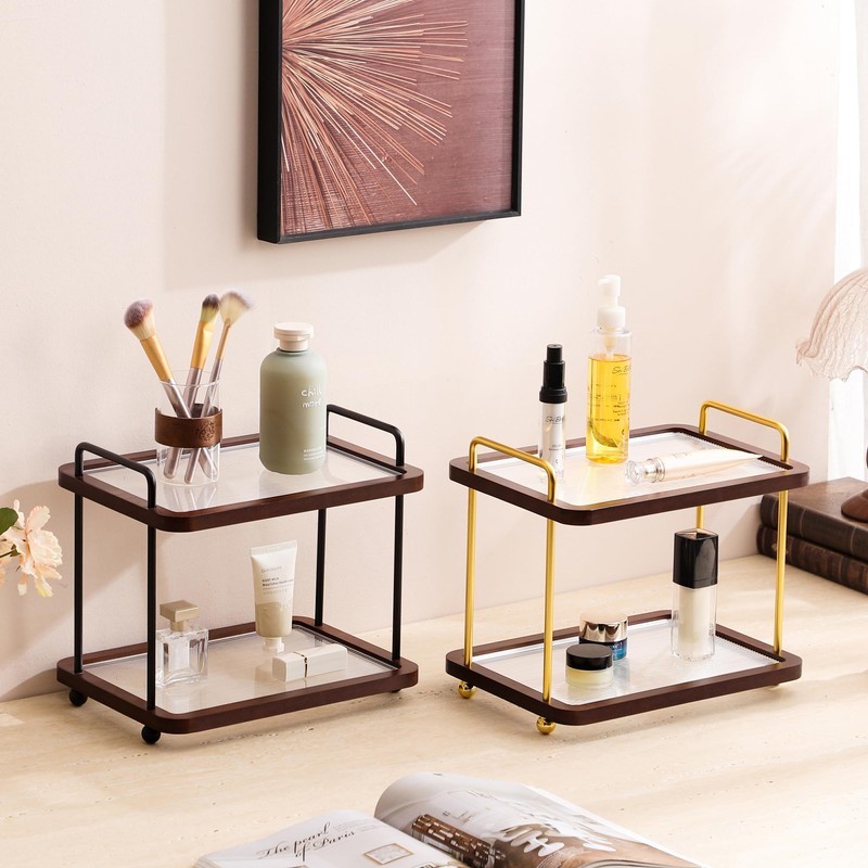 2-Tier Bathroom Counter Organizer with Transparent Stripe Acrylic Shelves, Brown