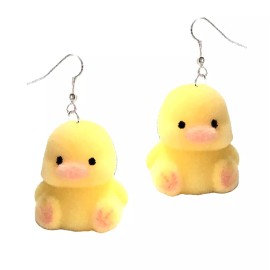 Team-Zebra Retro Fuzzy DUCK Funky EARRINGS Flock Baby Easter Chick Kawaii Novelty Jewelry