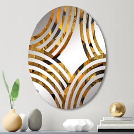 DesignQ Abstract Geometric wall mirror, Oval 0 mirror, Round Gold bathroom mirror, Abstract Geometric vanity mirror Geometric Wonders in Bold Gold and Black II printed mirror decor, oval mirror 20x30
