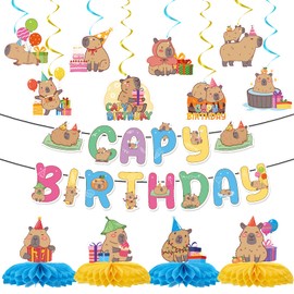 Deorfuy Capybara Birthday Party Decorations - 14PCS Capybara Banners and Hanging Swirls Decoration Cute Capy Honeycomb Centerpieces Animals Decor Supplies