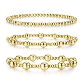 Finrezio Gold beaded Bracelets for Women Stretch Gold Beaded Bracelets for Women Men 14K Gold Plated Stackable Bead Ball Bracelet Sets Punk Jewelry Gifts for Women