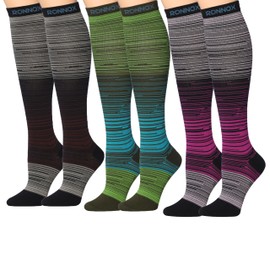 Tipi Toe Men & Women 3-Pairs Compression Socks Cosmic Contrast Black with Dual-Tone Space Dye in Blue Violet Cyan Patterned Knee High Socks (12-14 mmHg), CP21-1013-T1