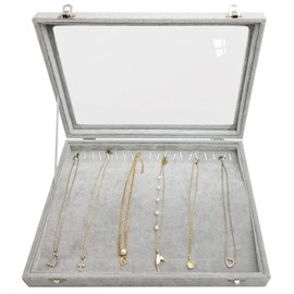 BesyPro Velvet Necklace Organizer Box for Women,20 Hooks Necklace Storage Tray Holder Display with Clear Lid (Grey)