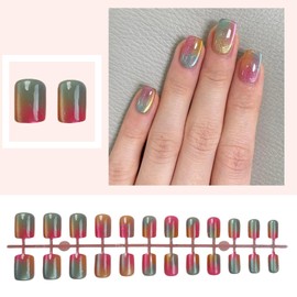 Cat Eye Press on Nails Short - Color Changing Fake Nails with Glue, Glossy & Durable False Nails Kit, Square Fake Nails for Women, 24PCS Long Lasting Square False Manicure