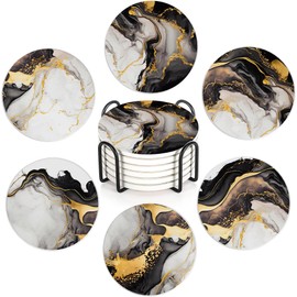 Black Gold Marble 6Pack Ceramic Drink Coasters,Quick-Absorb Stone Coasters with Anti-Slip Cork Backing & Metal Holder, Table Protectors for Kitchen Bar