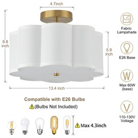 Giutna 13.3"Semi Flush Mount Ceiling Light Fixture, 3-Light Modern Close to Ceiling Light With Fabric Flower-Shaped Shade, Light Fixtures Ceiling Mount for Bedroom Nursery Kids Room Living Room(Gold)