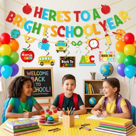 17Pcs Back to School Decorations, Glitter Here's to A Bright School Year Banner, Hanging Swirls and Hanging Garland for First Day of School Classroom Party Supplies