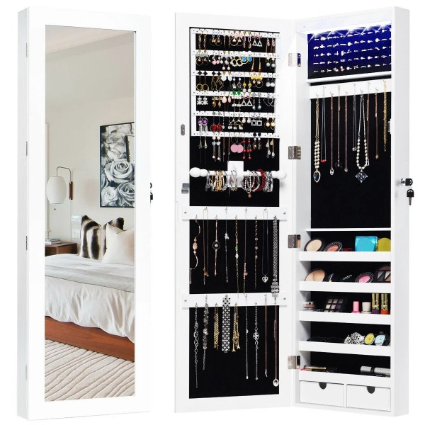 Does not apply Wall Mounted Mirrored Jewelry Cabinet Organizer W/Led