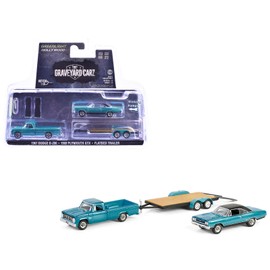 1969 Plymouth GTX and 1967 Dodge D-200 Pickup Truck Turquoise Metallic with Open Doors Flatbed Trailer "Graveyard"