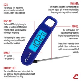 Escali Compact Portable Meat Candy Folding Digital Thermometer, Backlit Display Easy to Storage with Magnet, Blue