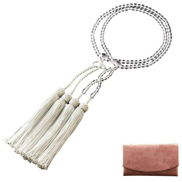 Fighters 仏壇/Bunch, Wrinkle Mala 浄土真宗 Eight Equal Crystal 2 Colors Tassels (hiwa White) (For Women) Officially Licensed AAA [Mala Bag Set] SW – 074 Kyoto 念珠