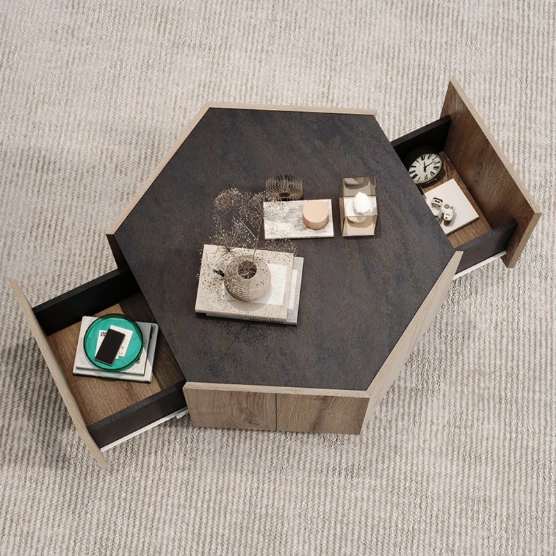 Rural Style Wood Coffee Table Hexagonal with Storage Drawers for