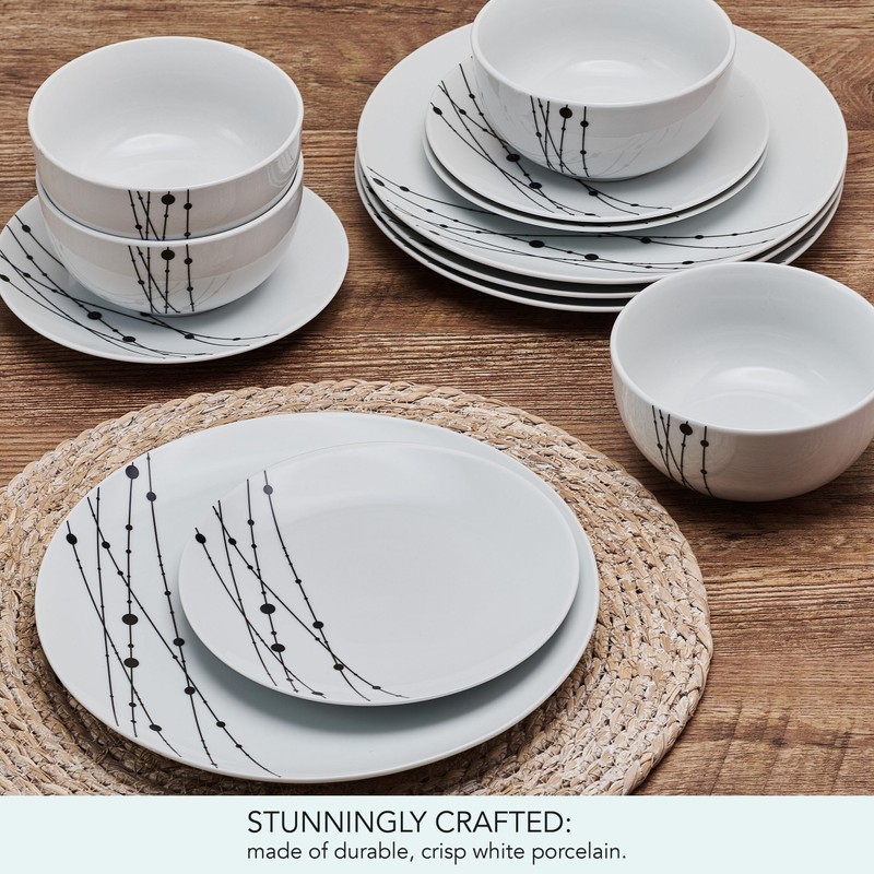 Studio Nova Linear Symphony 12 Piece Dinnerware Plate Bowl Set,