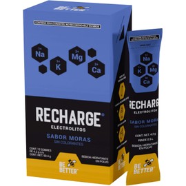 Be Better Recharge Electrolitos en Polvo, Sin Azúcar, Sin Calorías, Sin Colorantes, 24 Sobres, Sabor Moras