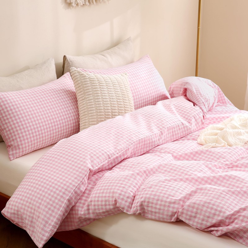 TOCOMOA Pink Gingham Duvet Cover Bedding Set 100% Washed Cotton