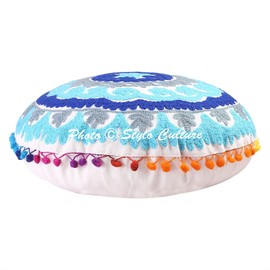 Stylo Culture Ethnic Decorative Round Floor Cushion Cover 45 x 45 cm Small Floor Seat Cushion Traditional White Boho Embroidered Suzani Pom Pom Lace Cotton Flowers Floor Cushion Round Children's Room
