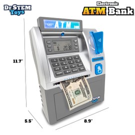 Dr. STEM Toys - Kids ATM Savings Bank – Electronic Piggy Bank with Bill Feeder, Coin Counter, and LCD – Educational STEM Toy for Children 5-12