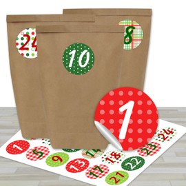 DIY advent calendar set (24 brown gift bags, 24 coloured number stickers, make and fill them yourself, Papierdrachen mini set)