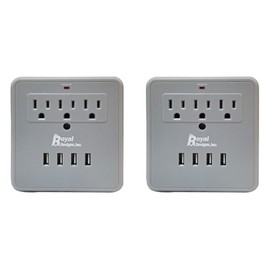 Royal Designs Wall Mount 3 Outlet Surge Protector Power Strip with 4 USB Ports, 300 Joule, Gray, Set of 2