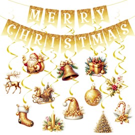 Christmas Decoration With Merry Christmas Bunting Banners 12pcs Hanging Foil Streamers Swirls Ceiling Decoration for Christmas Winter Holiday New Year Party Home Office Xmas Decorations Party Supplies