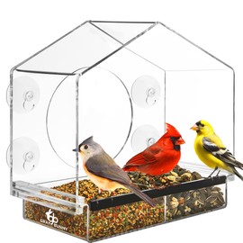 Gray Bunny Gray Bunny Window Bird Feeder with Strong Suction Cups, House Window Bird Feeders for Outdoors Viewing, Clear Transparent Squirrel Proof Birdfeeder, Drain Holes, Removable Tray, Large Seed Capacity