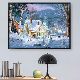 Qeerysew Cross Stitch Kits Stamped Full Range of Embroidery Starter Kits for Beginners DIY 11CT 3 Strands -Printed Kits Christmas Snowscape 70×50 cm