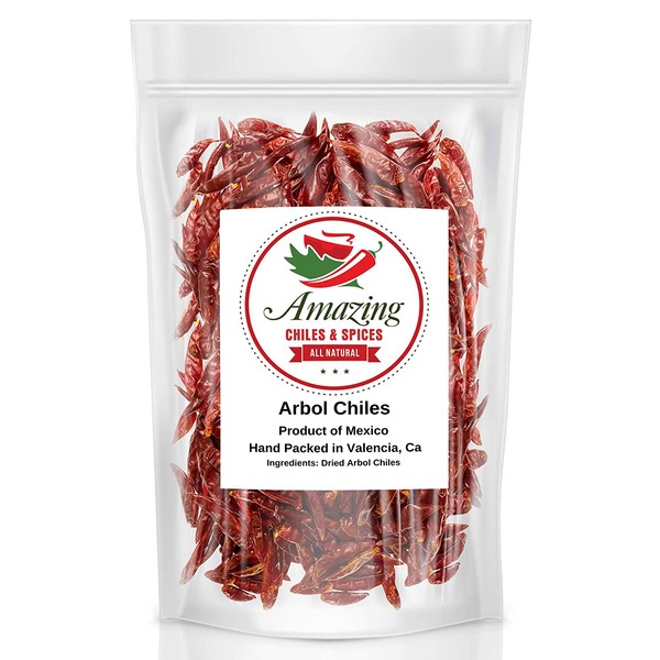 Chile De Arbol 5oz - Dried Whole Red Chili Peppers, Premium All Natural Stemless, Resealable Bag. Use in Mexican, Chinese and Thai Dishes. Spicy Hot Heat Full of Flavor. By Amazing Chiles and Spices.