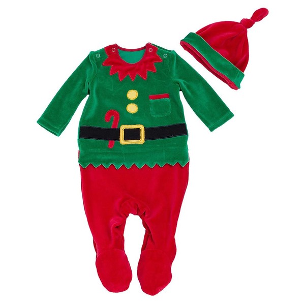 FANCYINN Baby Boy Girl Christmas Elf Outfit My First Xmas Coverall Rompers Christmas Bodysuit & Santa Hat 2pcs 80