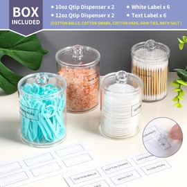 ME.FAN Qtip Holder Dispenser - 4 Pack 10oz, 12oz Clear Plastic Apothecary Jars Set - Restroom Bathroom Makeup Organizers Containers for Cotton Ball/Swab/Round Pads, Floss, Hair Ties, Bath Salt