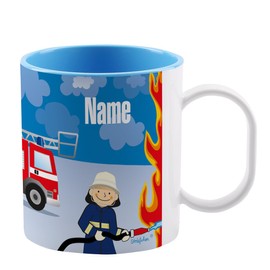 Striefchen® Bruchfeste Kindertasse mit Namen aus Kunststoff in Blau mit Motivauswahl Feuerwehr