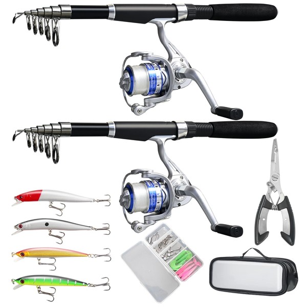 Fishing Pole Combo Set,2PCS Collapsible Rods 2PCS Spinning Reels Mono