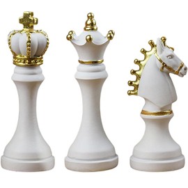 3pcs Small Chess Statue Decor Piece Set, Chess Set Figurines Decorative Resin Sculpture Small Resin Figurine Chess for Office, Home, Study (White)