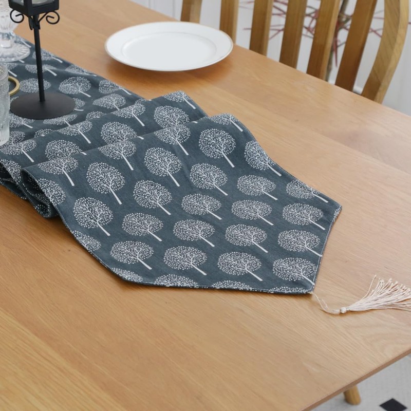 CosyAurora Linen Table Runner Mulberry Trees Navy Blue, Seasonal Kitchen