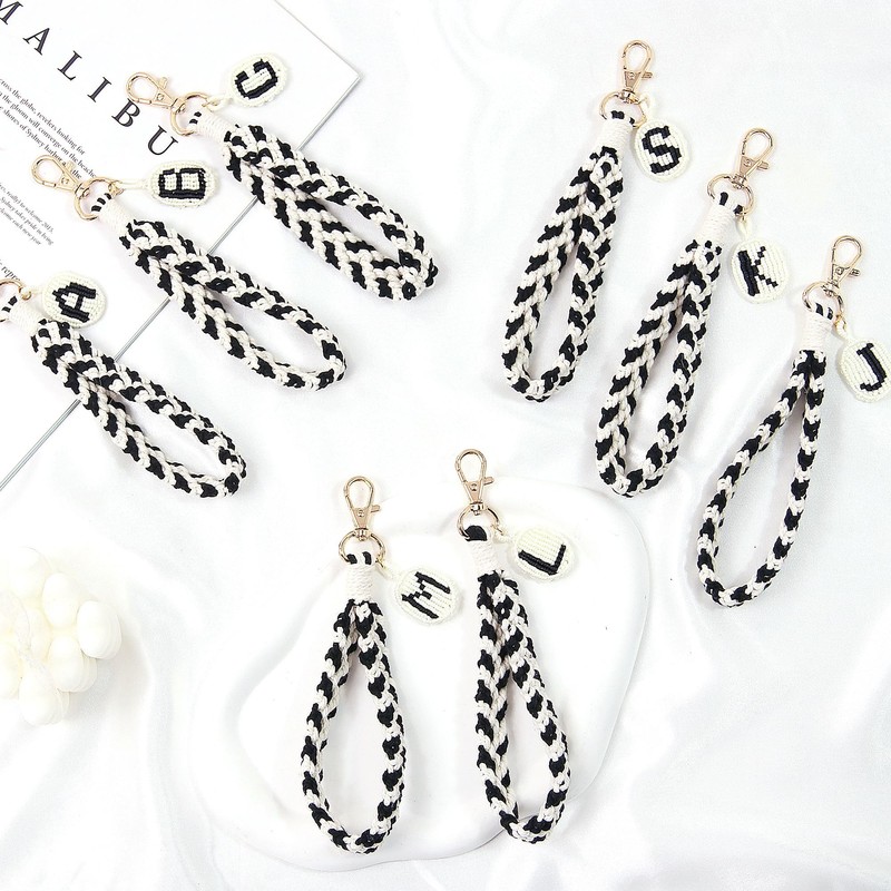OKAICEN Soft Initial Letter Macrame Keychain Boho Handmade Wristlet Lanyard