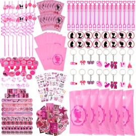 HyDren 194 Pcs Hot Pink Princess Party Favors for Girls Include Pink Girl Bracelets Badge Keychains Straws Bubble Wands Stamps Tattoo Sticker Cards Organza Bags for Birthday Princess Party