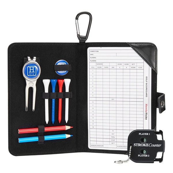 Handy Picks Golf Scorecard Holder n Yardage Book Cover - Divot Repair Tool, Ball Marker, Golf Tees, Scorer, Pencil n Scorecards Included - Gift for Golfers (Black)