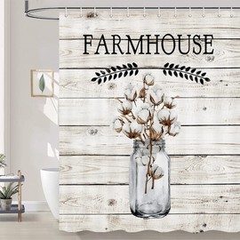 bzwcbei Farmhouse Shower Curtain, Cotton Flower in Mason Jar on Rustic Country Barn Wood Fabric Shower Curtains, Farm Countryside Floral Waterproof Bathroom Curtain Liner Set with Hooks 69x70inches