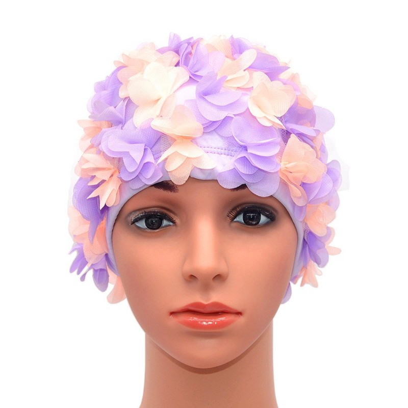 Medifier Badekappe mit Blumenmuster, Retro-Stil, für Damen, Lila und Hellrosa