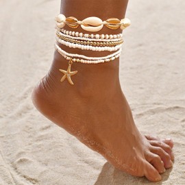 Locrccl Colorful Boho Shell Anklet Bracelet for Women Waterproof Puka Shell Surfer Starfish Bracelet Stackable White Beaded Anklet Hawaii Summer Beachy Foot Jewelry Mermaid Accessories (White)