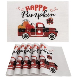 Happy Pumpkin Fall Placemats Vinyl Woven Washable Easy to Clean Autumn Table Mats Thanksgiving Placemats,Set of 6