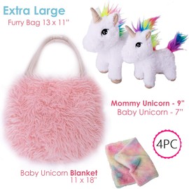 Perfectto Design Unicorn Toy for Girls Age 3-10; 4 PCS Set - Mommy and Baby Stuffed Animals, Bag and a Doll Blanket. Unicorn Gift for 3-8 Year Old Birthdays and Christmas